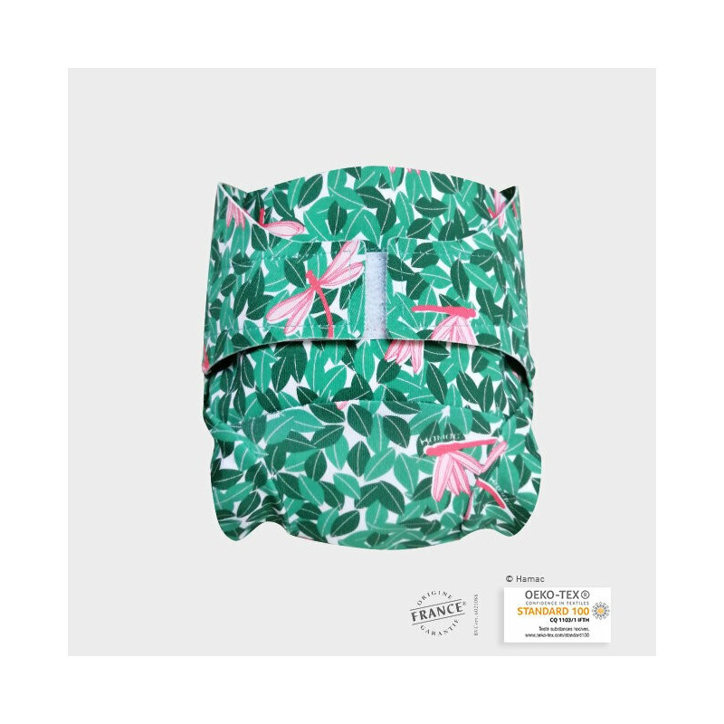 Couche lavable plage vert avec libellules 6 à 24 mois - made in France