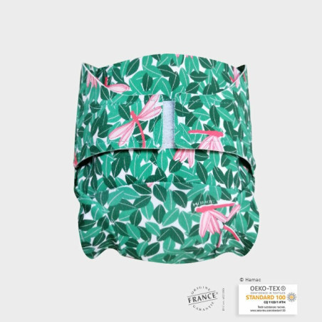 Couche lavable plage vert avec libellules 6 à 24 mois - made in France