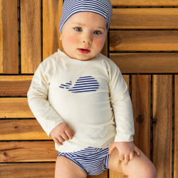 T-shirt anti-UV bébé marin blanc cassé et bleu - 6 à 24 mois, fabriqué en France