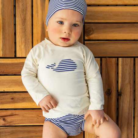 T-shirt anti-UV bébé marin blanc cassé et bleu - 6 à 24 mois, fabriqué en France