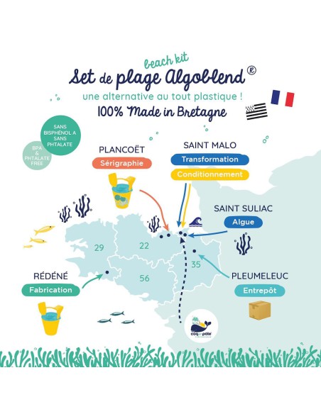 Set de plage hippocampe , seau râteau et pelles - Fabriqué en France à partir d'algues brunes