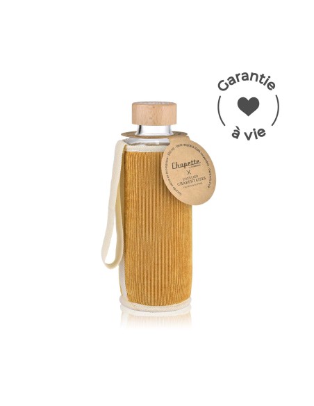 gourde isotherme garantie a vie, en verre et bois avec sa couverture