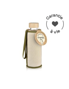 gourde isotherme garantie a vie, en verre et bois avec sa couverture