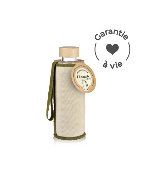 gourde isotherme garantie a vie, en verre et bois avec sa couverture
