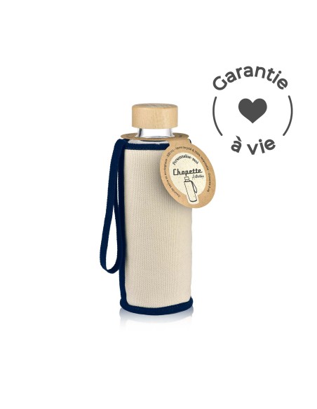 gourde isotherme garantie a vie, en verre et bois avec sa couverture
