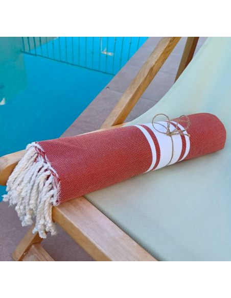 Fouta de plage TERRE CUITE kazaluz fouta coton, fouta artisanale, fouta tunisie, kasaluz, serviette plage éthique, fouta tissée