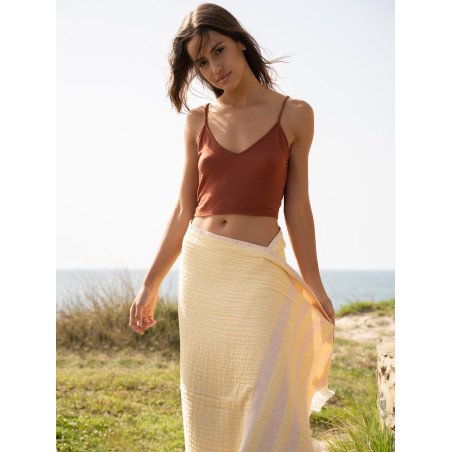 Serviette de plage rayée jaune et rouge - 100% coton oeko-tex