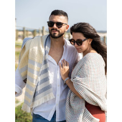 Serviette de plage rayée bleu et jaune - 100% coton oeko-tex