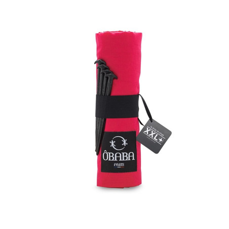 Drap de plage XXL+ rouge framboise avec des piquets - Fabriqué en France, responsable, 100% coton