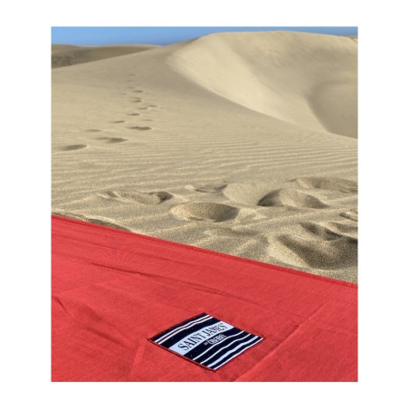 Drap de plage XXL+ Saint James rouge avec des piquets - Fabriqué en France, responsable, 100% coton