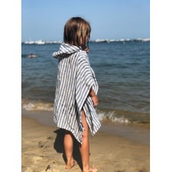 Poncho de plage enfant, fabriqué en France, 100% lin français - rayé bleu