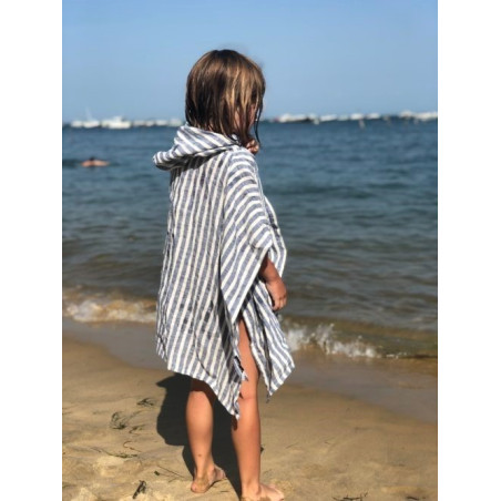 Poncho de plage enfant, fabriqué en France, 100% lin français - rayé bleu