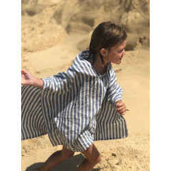 Poncho de plage enfant, fabriqué en France, 100% lin français - rayé bleu