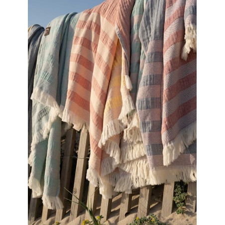 Serviette de plage rayée bleu et jaune - 100% coton oeko-tex
