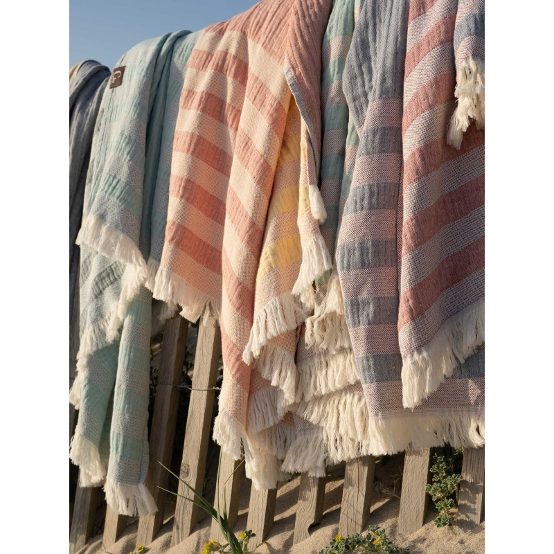 Serviette de plage rayée jaune et rouge - 100% coton oeko-tex